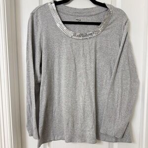 Style & Co. gray long-sleeve blouse with a sequin-embellished crew neck Size 1X